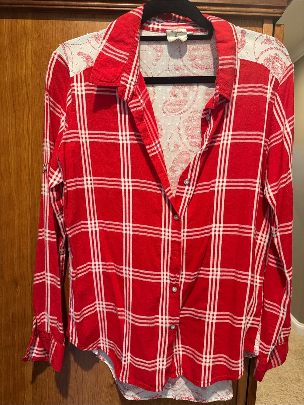 Women’s Red Plaid Button-Up Shirt with Paisley Accent